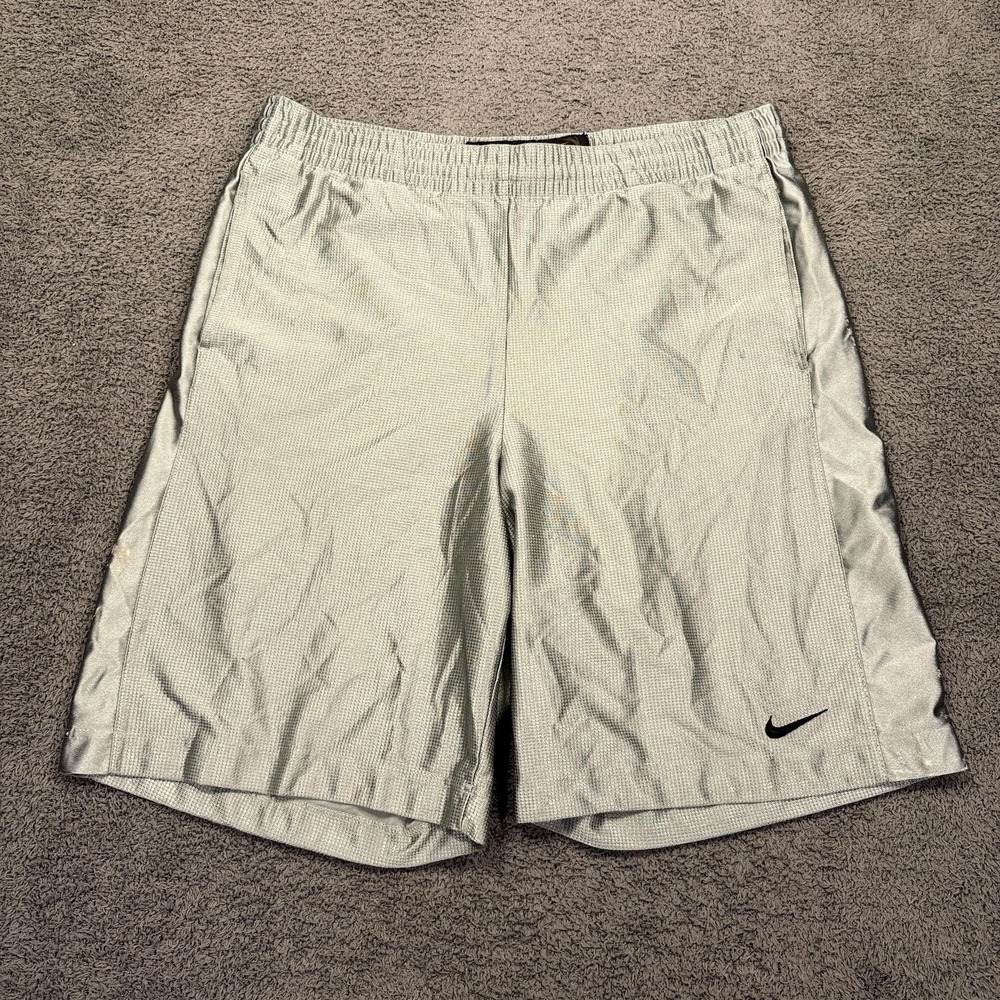Y2K Nike Dazzle Basketball Shorts Mens‎ Large Gray Silver Mesh Swoosh Drawstring